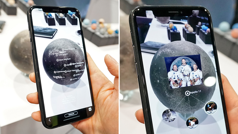The AstroReality AR app brings the Lunar replica to life with labels and factoids about the moon.